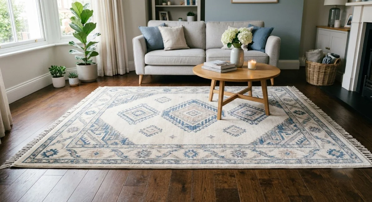 Cream and blue patterned area rug with fringe in a living room, in front of a sofa and coffee table